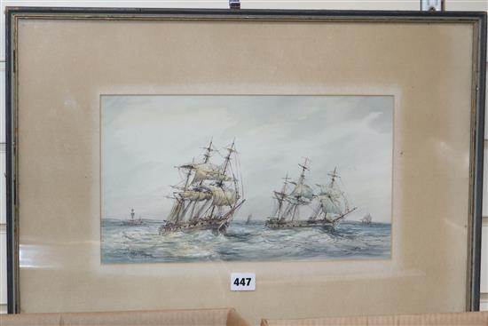 Max Parsons (1915-1998), ink and watercolour, Frigates off the coast, signed, 21 x 37cm